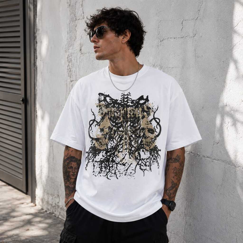 Camiseta Masculina Oversized Estampada Caveira Gótica Linha Premium 100% Algodão Confortável Academia