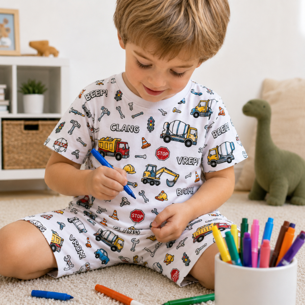 Pijama Infantil Divertido Colorir Pintar Desenho Canetinha Conjunto Lavavél Manga Curta Estampado Festa do Pijama