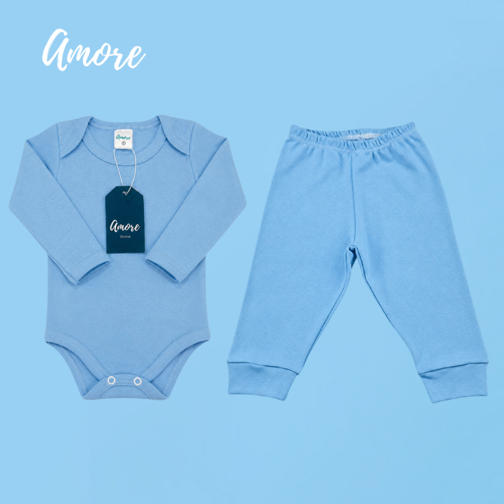 Conjunto Body Manga Longa Azul Claro e Calça Azul 100% Algodão