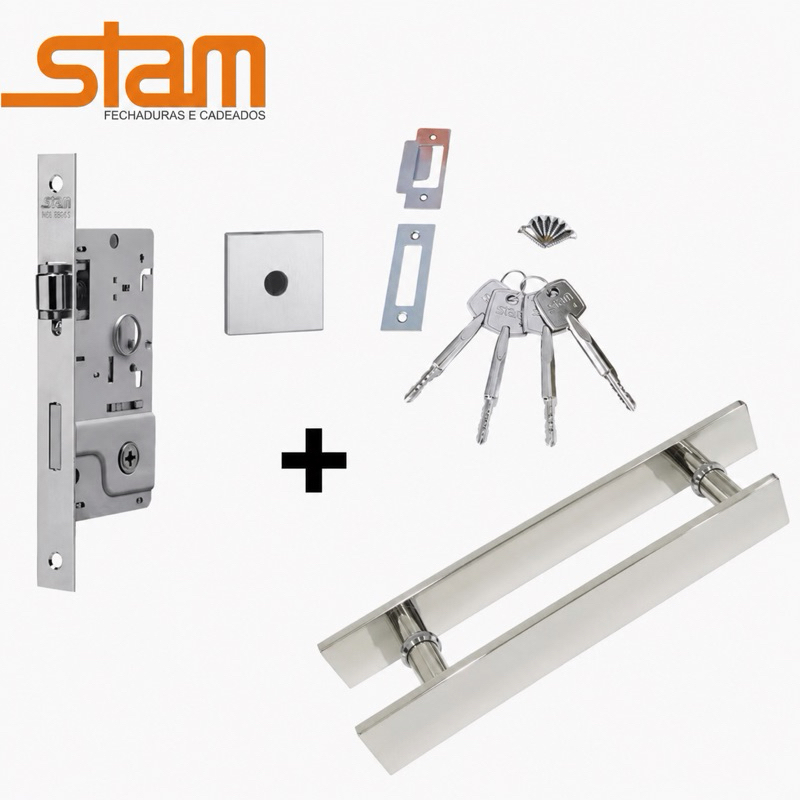 Kit Puxador Barra Chata Reto Inox 40x10mm+Fechadura Stam 800 Rolete 4 Chaves