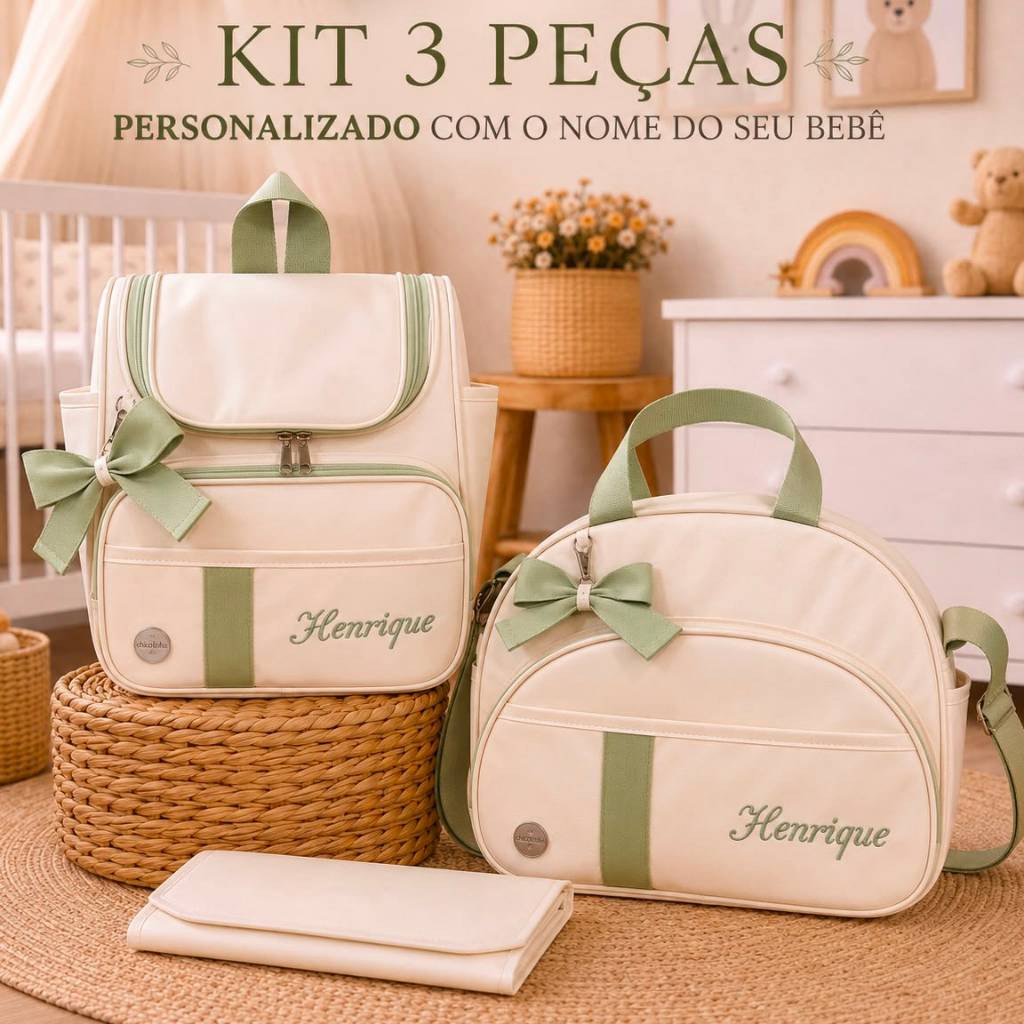 Kit Bolsa Maternidade Personalizada 3 Peças Bolsa Grande e Mochila de Bebe e Trocador Impermeável