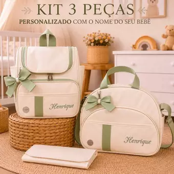 Kit Bolsa Maternidade Personalizada 3 Peças Bolsa Grande e Mochila de Bebe e Trocador Impermeável