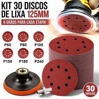 Kit 30 discos lixa 125mm com velcro, suporte compatível furadeira, lixadeira e esmerilhad…