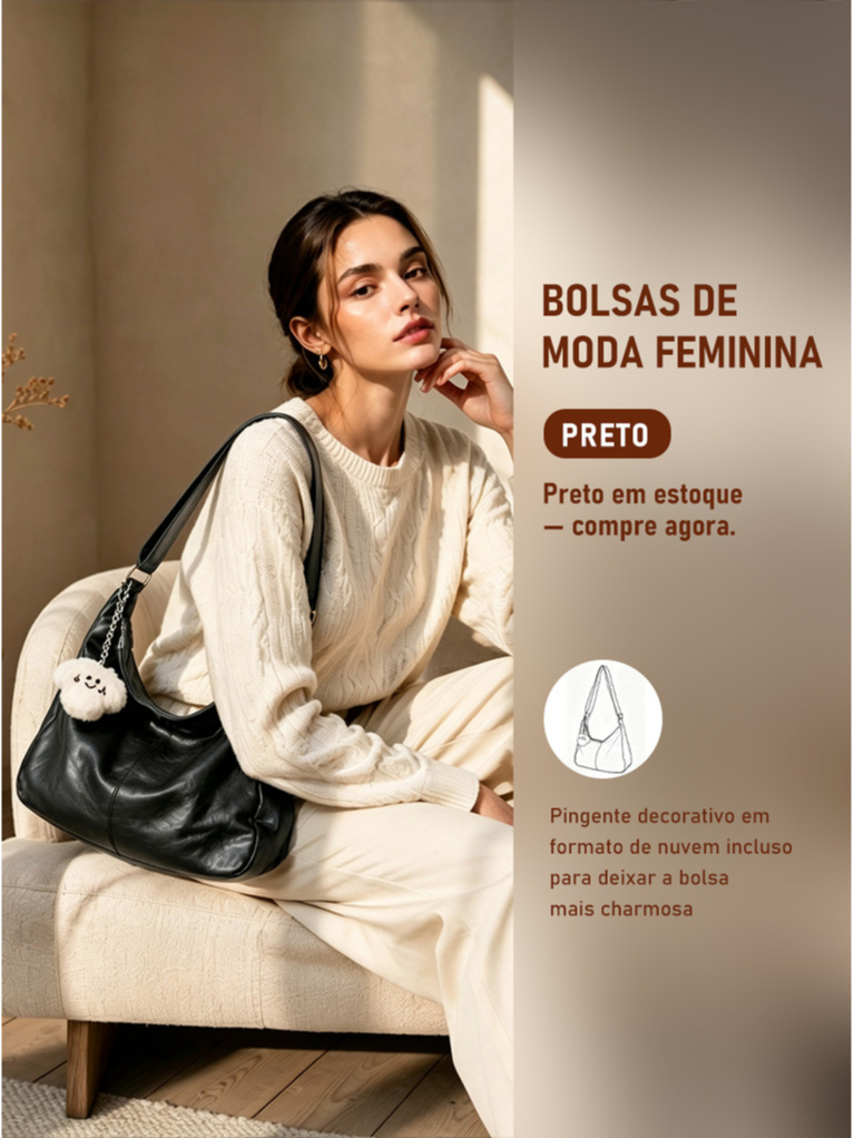 JAMI JAMI Bolsa de Ombro Feminina Estilo Hobo Grande Capacidade com Compartimento Principal e Alça Longa Ajustável  5958