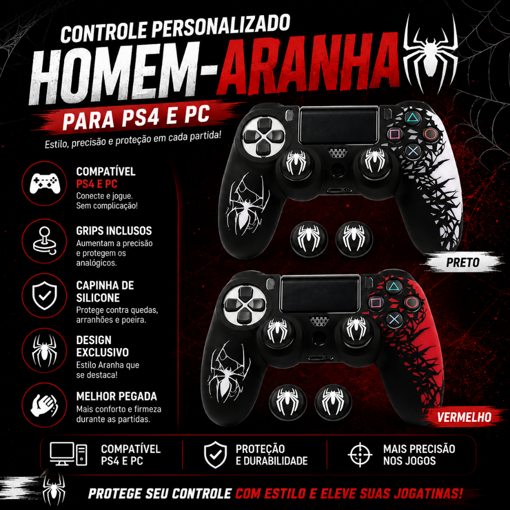 Controle PS4 Joystick Dualshock 4 Sem Fio Sony, Preto - Homem Aranha (PERSONALIZADO)