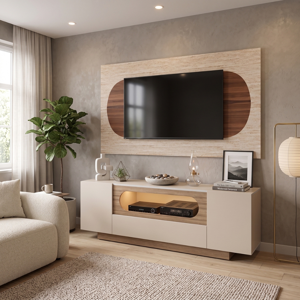 Painel para TV com Rack Home Theater 136cm Off White Amadeirado MDF Bancada para Sala de Estar Contemporânea