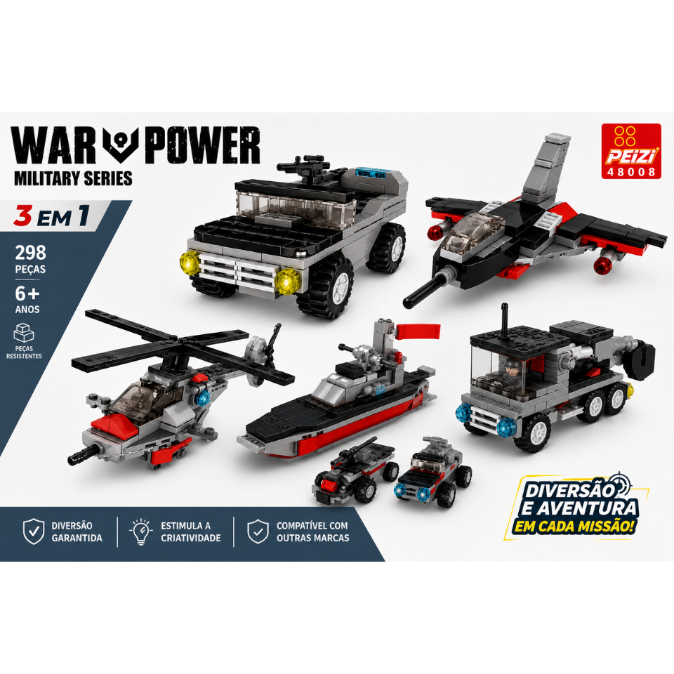 Kit Blocos de Montar Militar 3 em 1 Avião Carro Tanque SubMarino Helicóptero Navio Coleção Completa