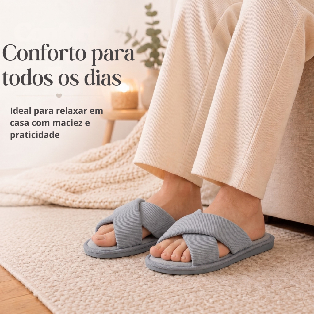 Pantufa Feminina Tiras Cruzadas Antiderrapante Macio Luxo Leve Confortável Cinza — imagem 2 de 2