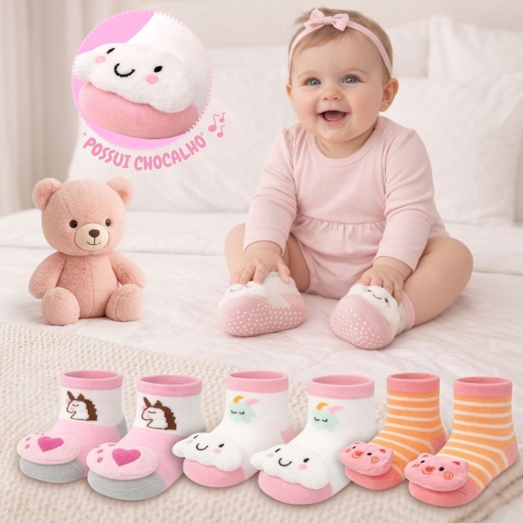 Kit 12, 6 ou 3 Pares de Meias Bebê Menina com Chocalho Sensorial Pelúcia no Pé Algodão Premium 0-24 Meses