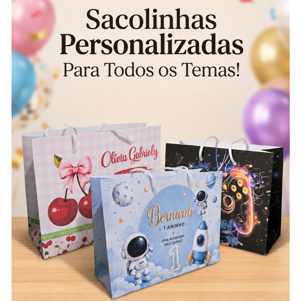 Sacolinhas Personalizadas M montadas Aniversário • Lembrancinha • Todos os Temas • Envio Rápido