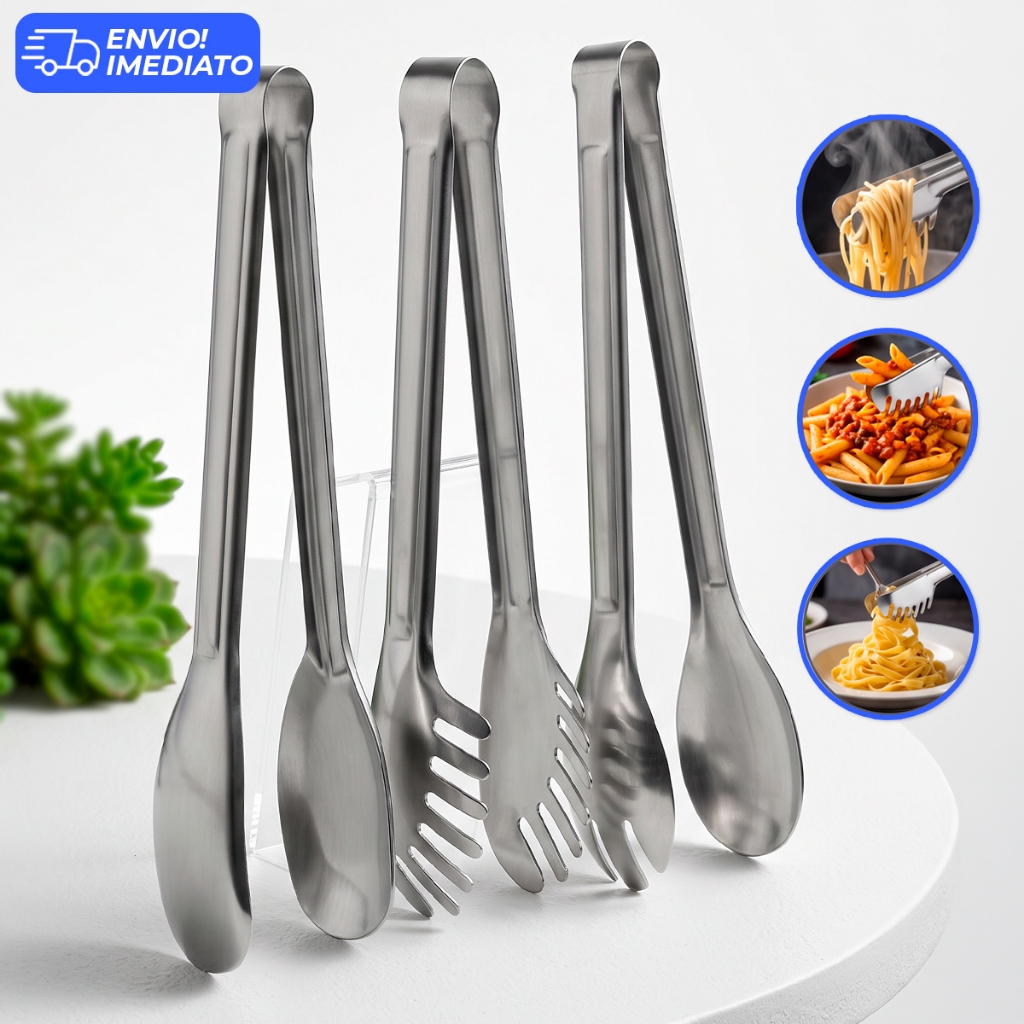Kit 3 Pegadores Cozinha Aço Inox Salada Massa Carne Multiuso Utensílios Buffet 29cm Hercos