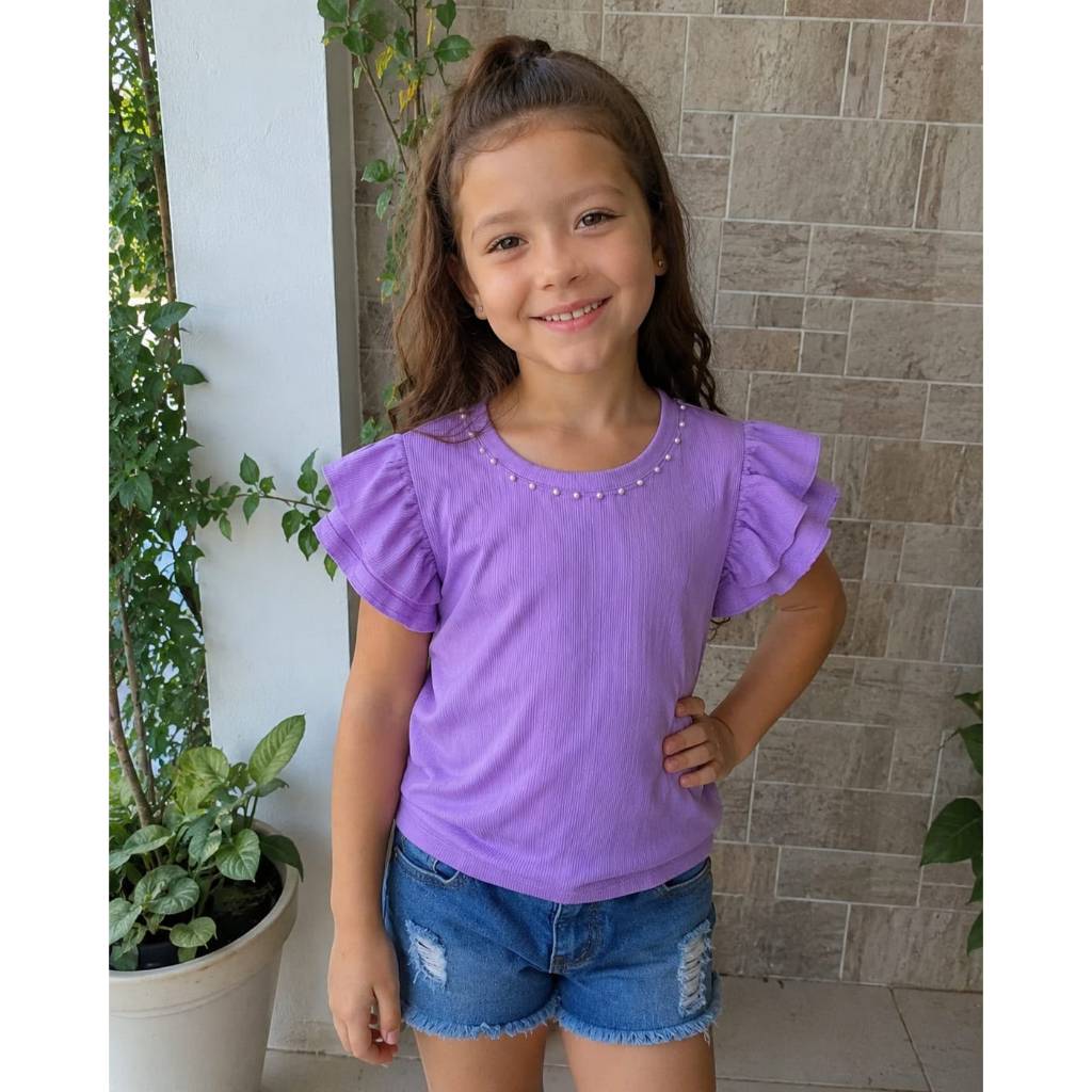 Blusa Feminina, Infantil, Manga Babado, Pérolas em Tecido Malha Ana Ruga Disponível em Várias Cores