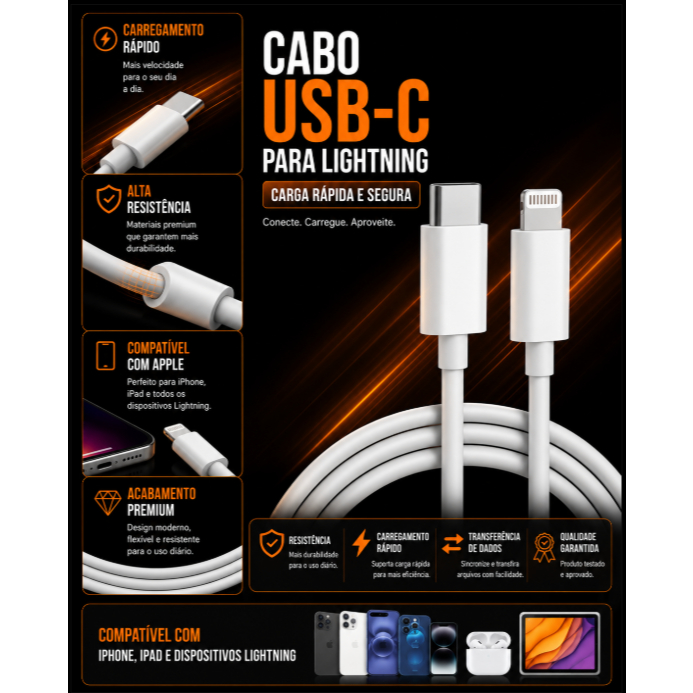 Cabo Tipo-C Resistente 1 Metro – Carregamento Rápido para iPhone, iPad e MacBook