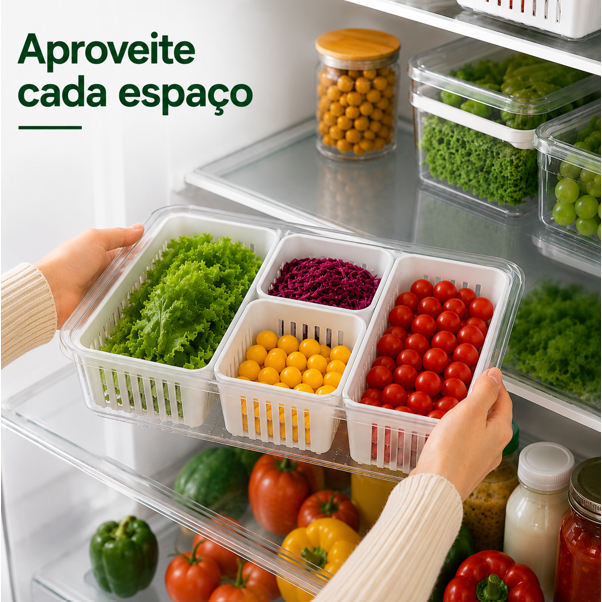 Cesto Organizador de Geladeira Com Divisorias *02 peças * Tampa Escorredor Armazenamento Vegetais Legumes