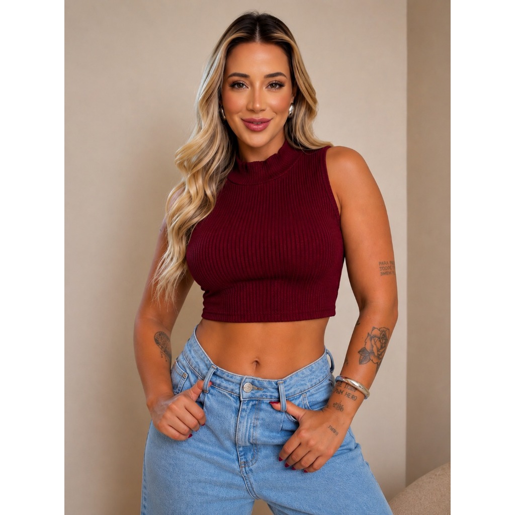 Cropped Canelado Gola Alta Feminino – Básico, Elegante e Super Versátil