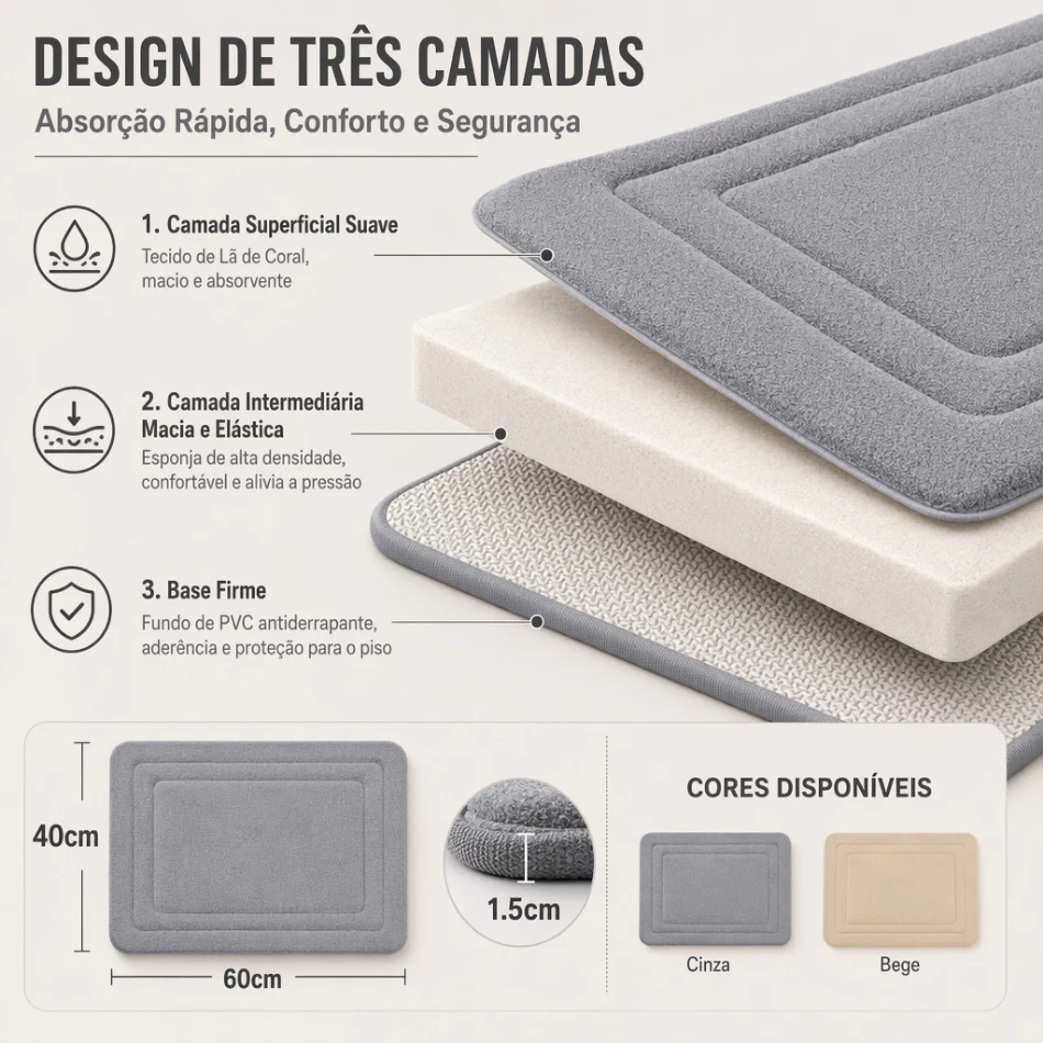 Tapete de Banheiro Veludo Coral 60x40cm Super Absorvente Antiderrapante, Tapete Macio Secagem Rápida para Box Banho — imagem 1