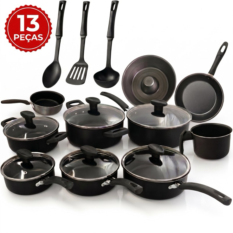 Conjunto Panelas 13 ou 10 Peças Antiaderente Teflon Tampa Vidro