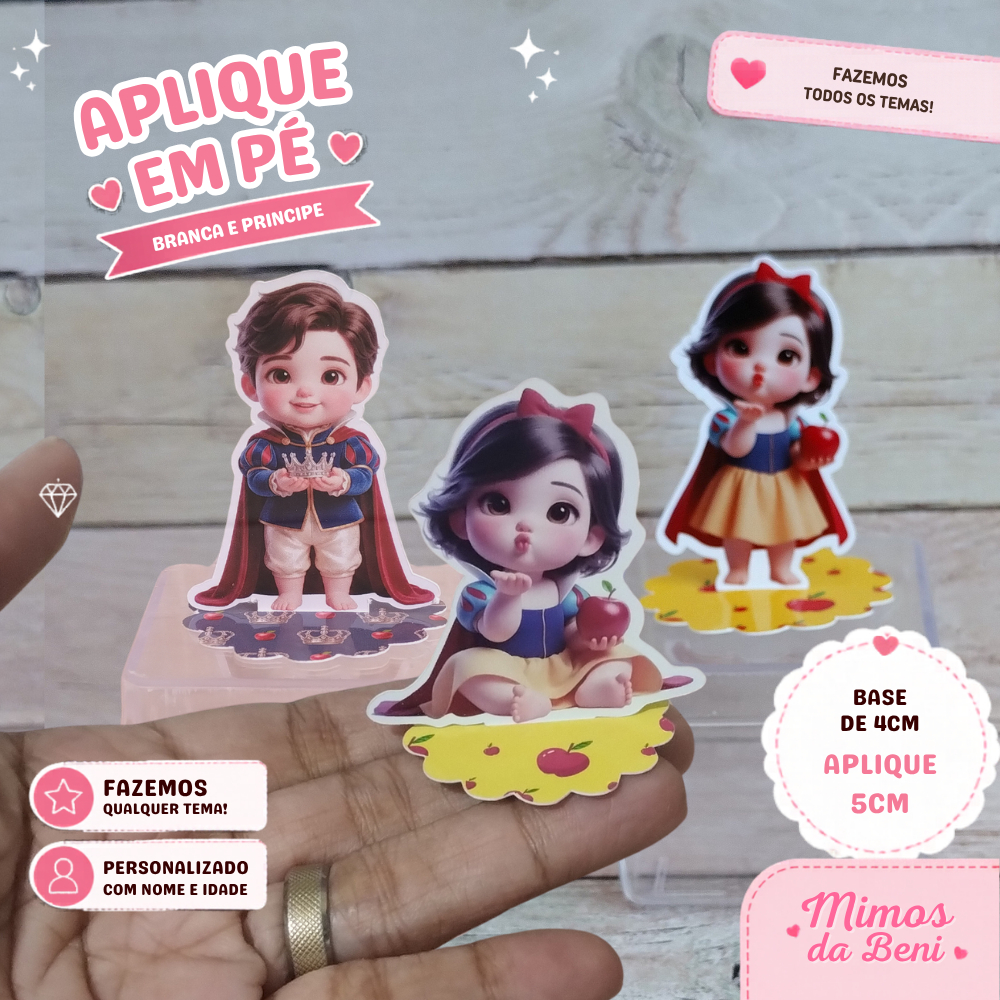 Aplique em Pé 3D Branca de Neve e Principe Festa Infantil Personalizado Nome e Idade  Lembrancinha
