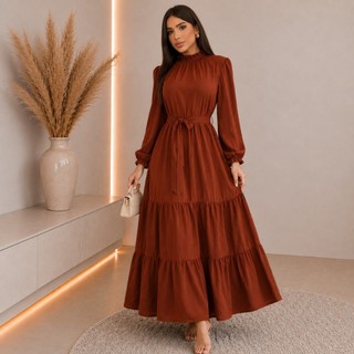 Vestido Feminino Manga Longa Gola Alta Tecido Duna Premium Moda Cristã Evangélica Elegant…