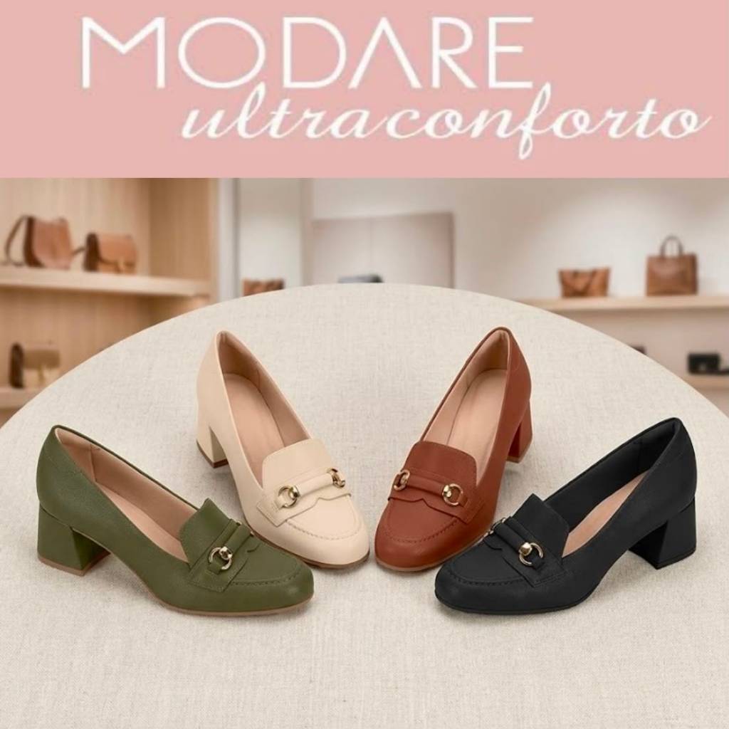 Sapato Feminino Scarpin Social Modare Ortopédico Confortável Salto Bloco Médio Detalhe Fivela Dourada Original