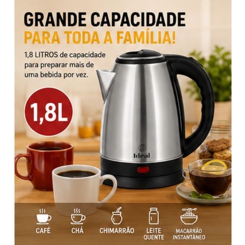 Chaleira Eletrica Inox Alta Potencia 1000W 110V Capacidade 1,8 Litros Rapido Aquecimento