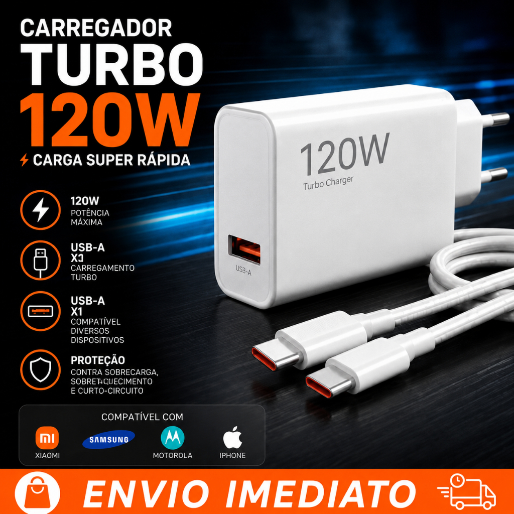 Carregador Turbo 120W USB Tipo-C + Cabo | Carga Super Rápida  Compatível com Xiaomi, Samsung, Motorola e iPhone