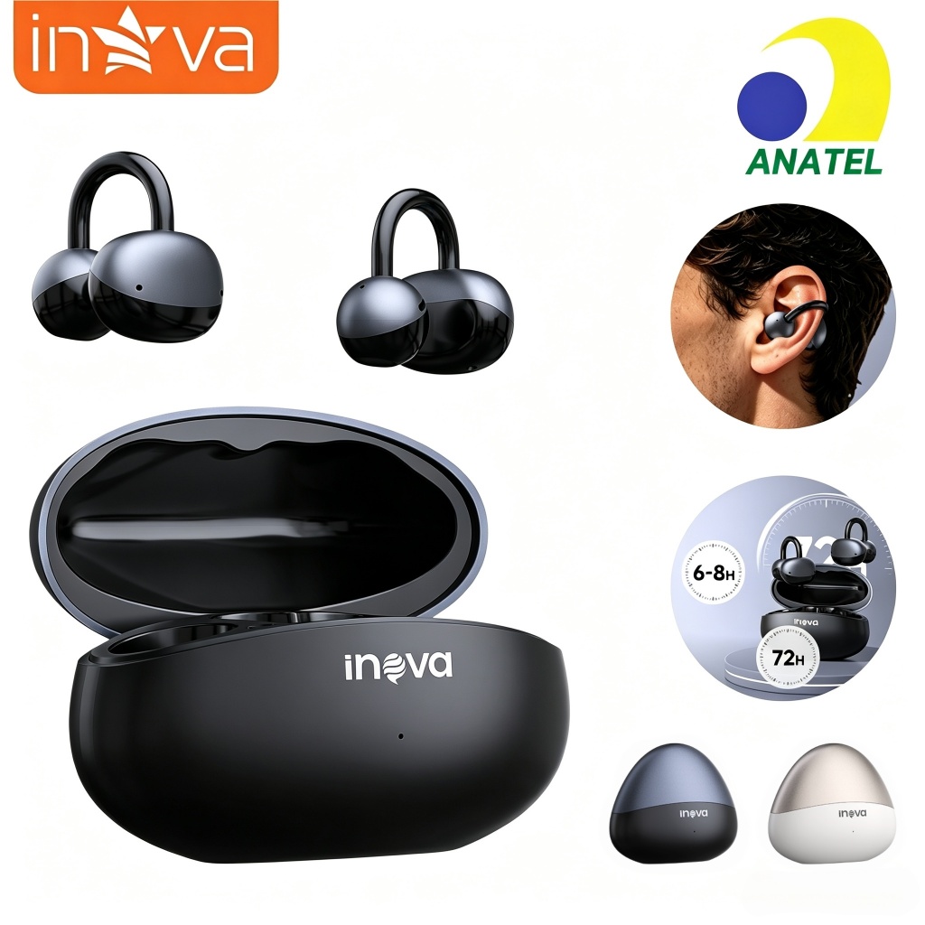 INOVA Fone de Ouvido Clip-on Bluetooth 6.0 Cancelamento de Ruído ENC com Dois Microfones