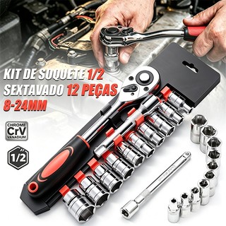 Jogo com 12 soquetes sextavados 8 a 24mm 1/2", catraca reversível em aço CRV, para…