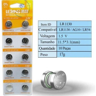 Bateria Botão Alcalina LR1130 AG10 1.5V - 10 Unidades