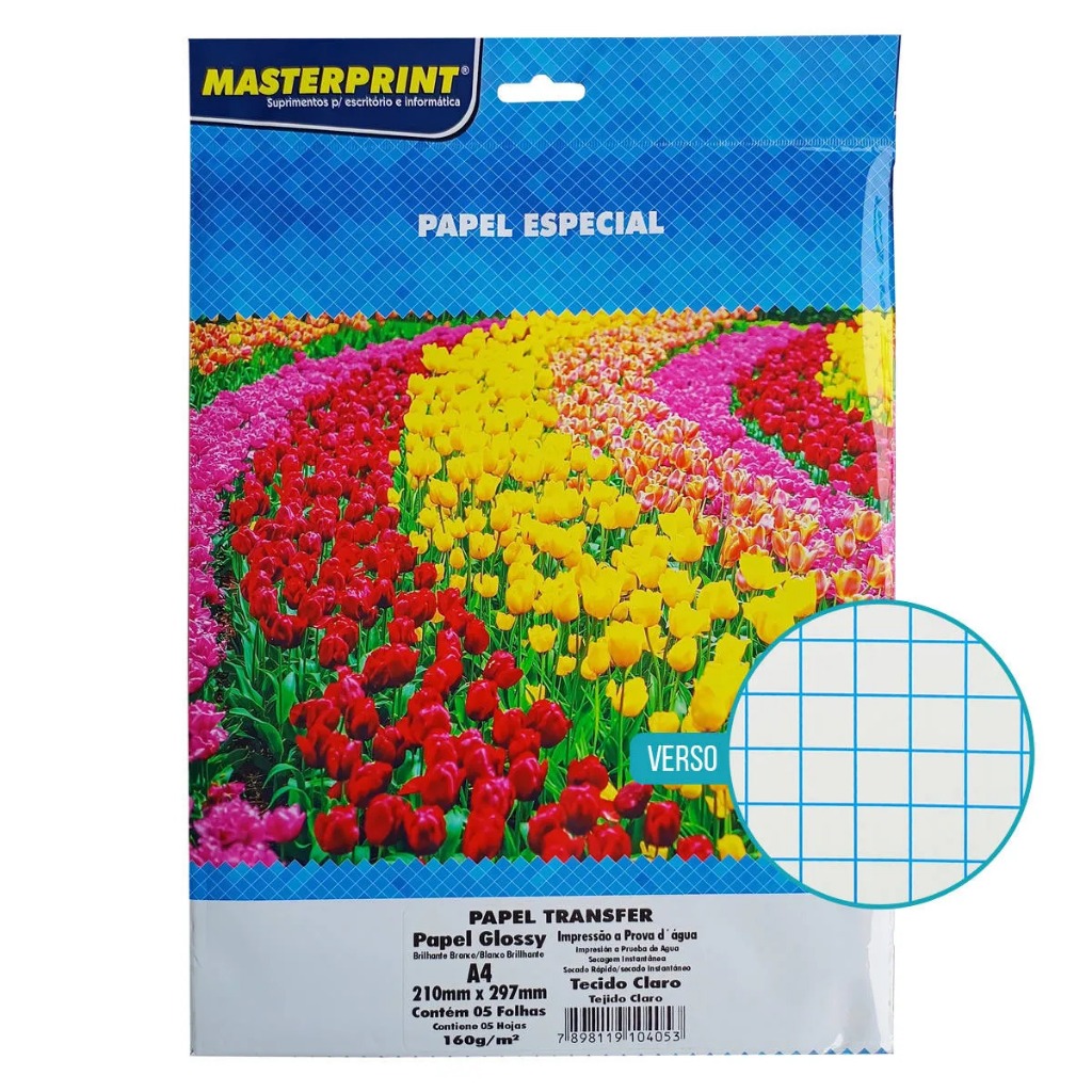 Papel Transfer Para Tecido Claro 160g A4 Masterprint 5 Folhas Estampa Camisas Calças Jato de Tinta