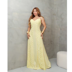 Vestido Longo Feminino de Alça com Bojo e Renda Guipir Elegante Moda Festa 3RD SD4039