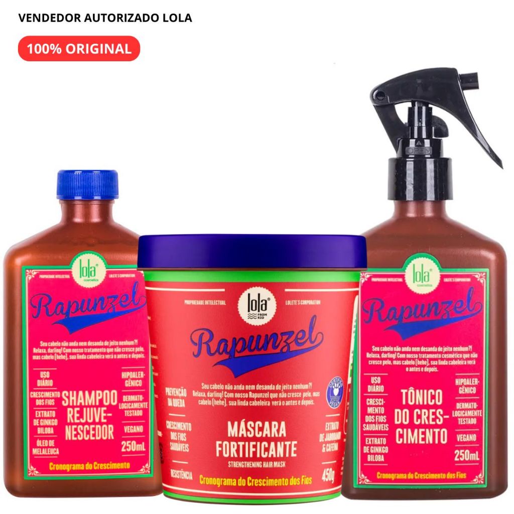 Kit Rapunzel - Shampoo 250g + Máscara 450g + Tônico 250g Lola Cosmetics