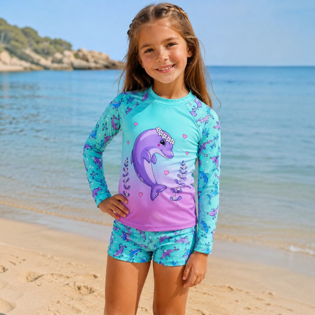 Biquini Infantil Menina Conjunto Praia Infantil UV50+ Menina Camisa Manga Longa + Short Proteção Solar