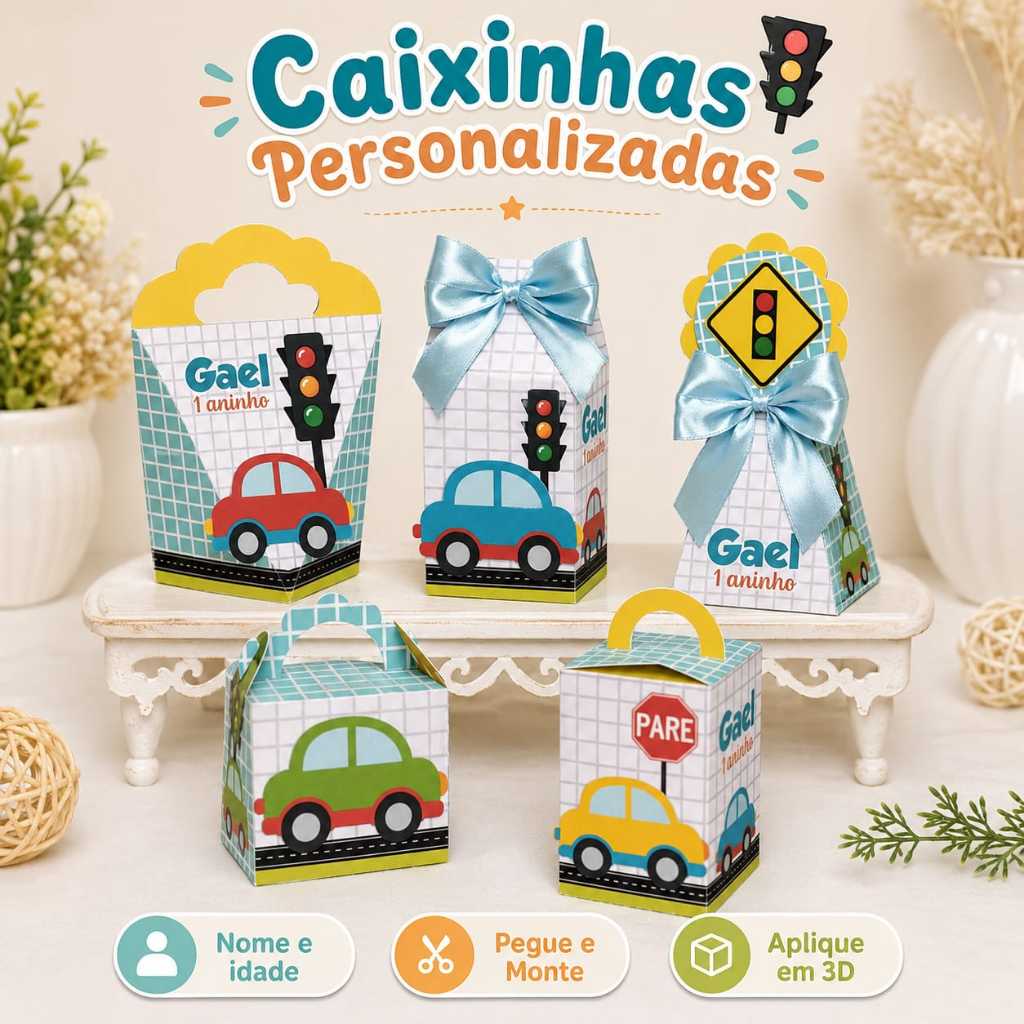 Kit Festa Caixinhas Personalizadas Carrinhos com Nome  Idade - Lembrancinha Infantil Aniversário com Aplique