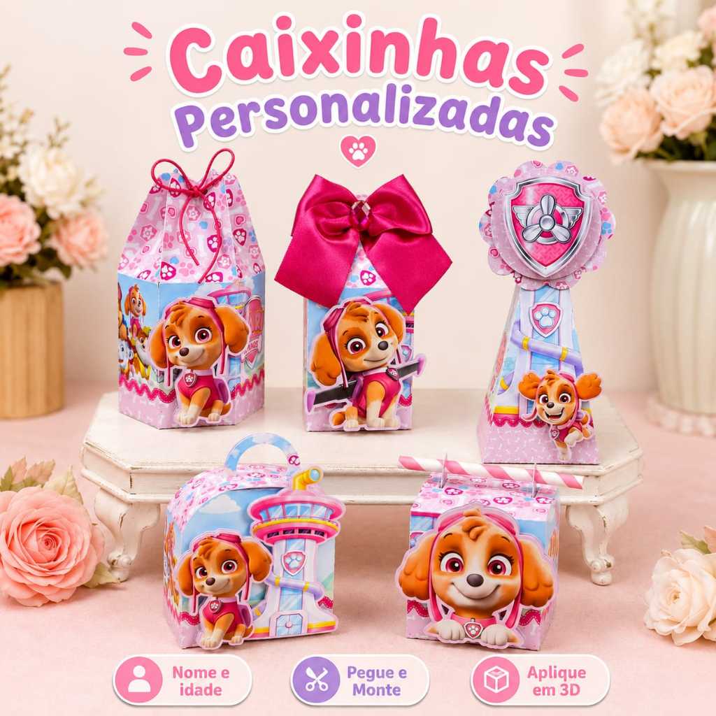 Kit Festa Caixinhas Personalizadas Skye Patrulha Canina com Nome  Idade - Lembrancinha Infantil Aniversário com Aplique