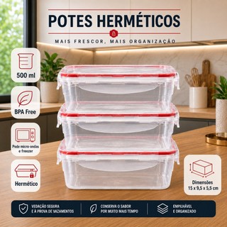 Kit 3 Potes Herméticos 500ml com Vedação em Silicone, Trava de Segurança, Vai ao Micro-ondas e Freezer