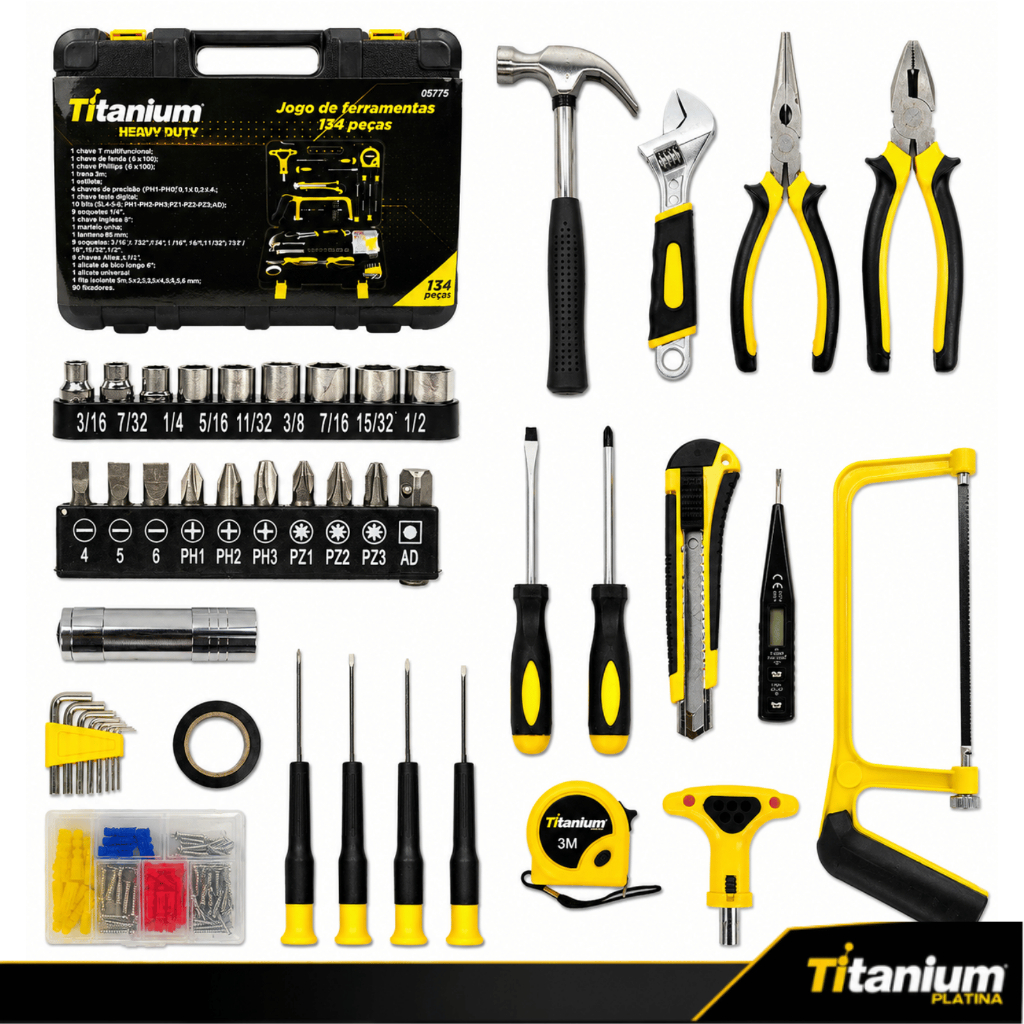 Kit 134 Peças Jogo de Ferramentas Completo Cromo Vanádio Titanium Platina