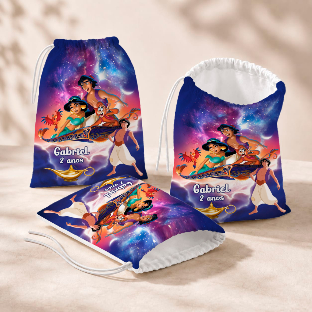 20 Sacolinhas Personalizada Festa Infantil 18x26 Aniversário Lembrancinha Aladdin e Jasmine