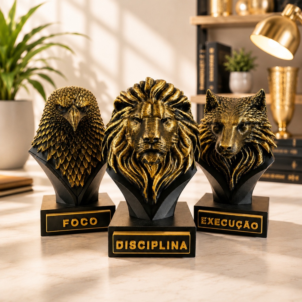 Kit Animais Premium 15cm – Leão, Lobo e Águia | Decoração Luxo Minimalista | Animais e Mentalidade