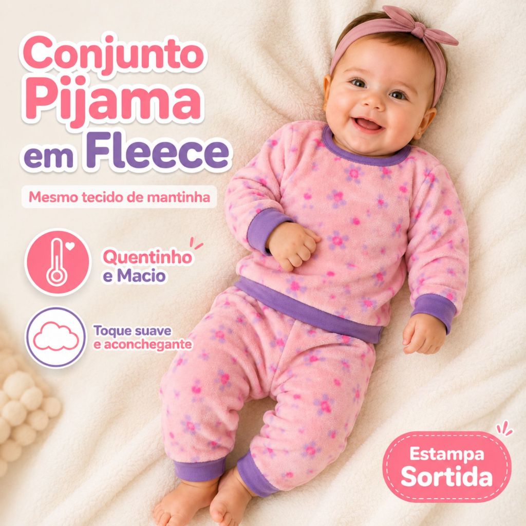 Conjunto Pijama Manga longa Fleece Infantil Bebê Menina Roupa De Inverno Peluciado Quentinho Blusa E Calça - 1 a 9 meses