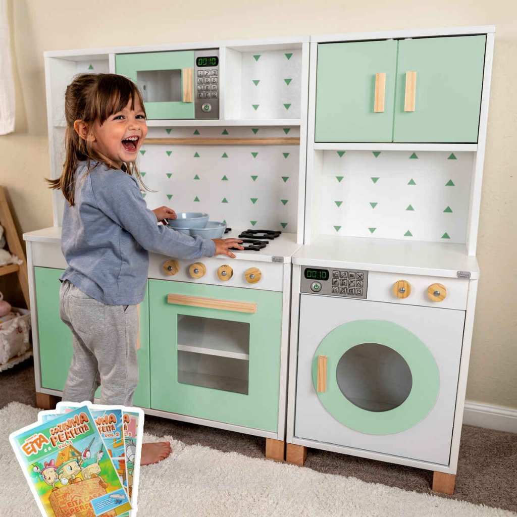Cozinha Infantil Máquina de Lavar Verde Claro Faz de Conta Brinquedo Pedagógico Kit Livro Educativo
