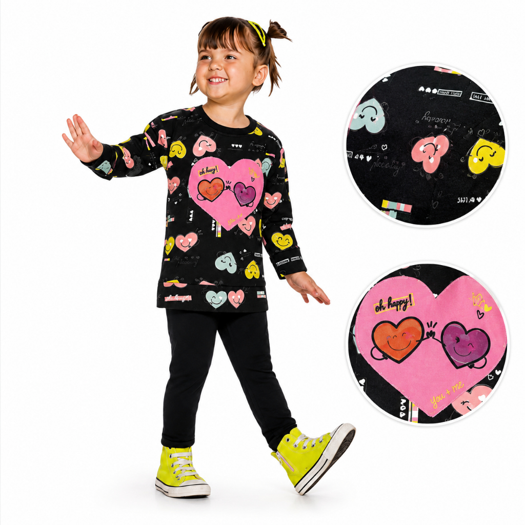 Conjunto Infantil Feminino Estampado Corações Roupa Menina Manga Longa Inverno Conforto TAMANHO 2