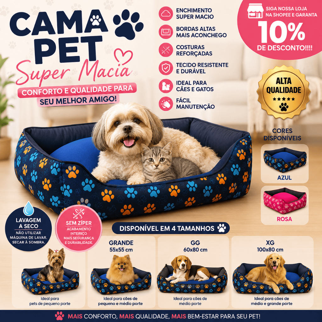 Cama Pet Caminha para Cachorro e Gato Super Macia com Almofada M G GG XG