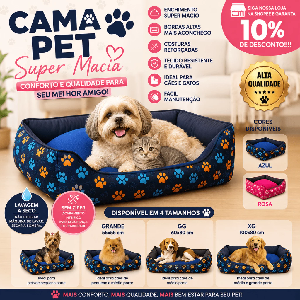 Cama Pet Caminha para Cachorro e Gato Super Macia com Almofada M G GG XG — imagem 1