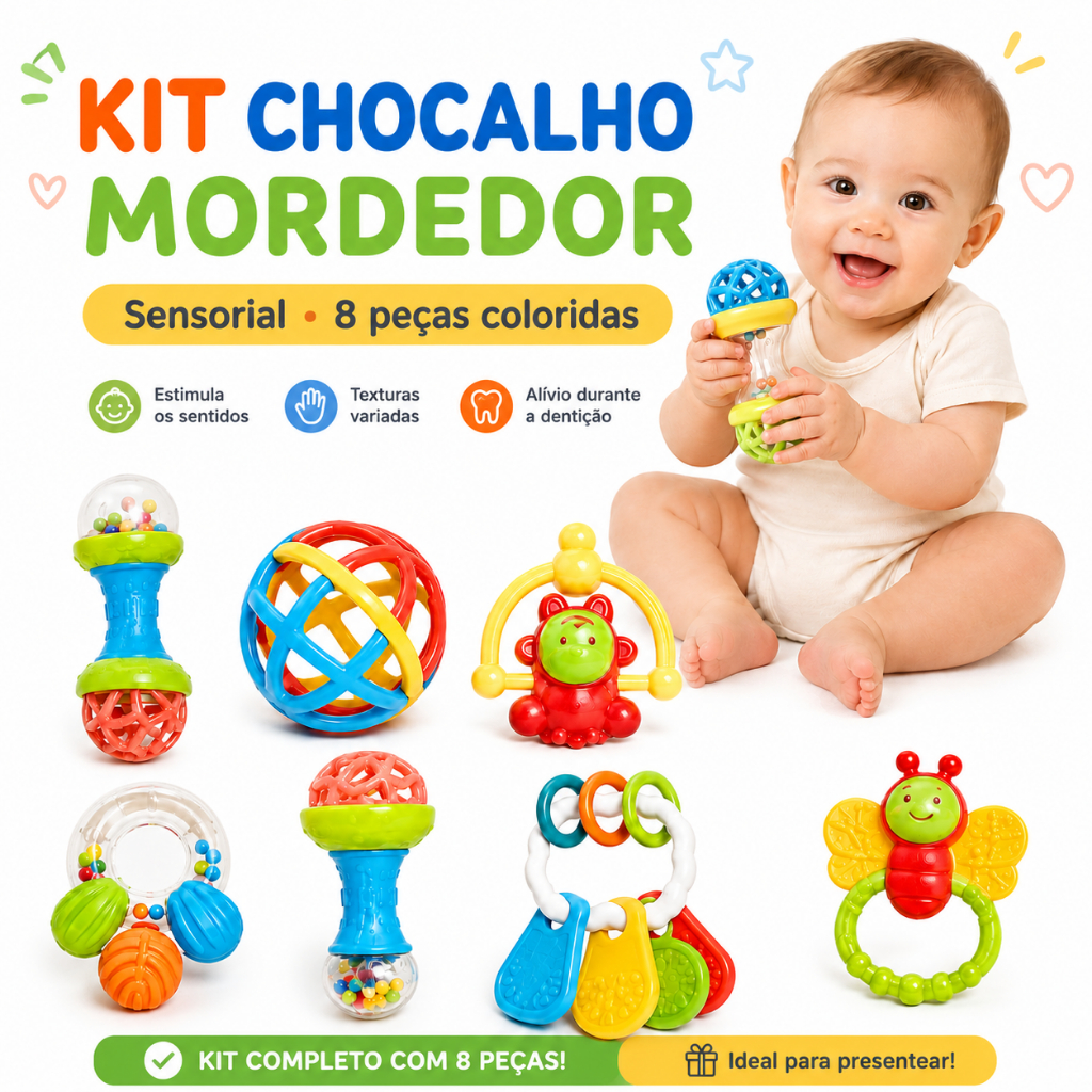 Chocalho Mordedor Sensorial para Bebê com Variações 1 3 e 8 Peças