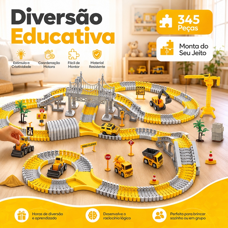 Kit 345 Peças Pista de Carrinhos Infantil para Montar Estimula Criatividade e Coordenação