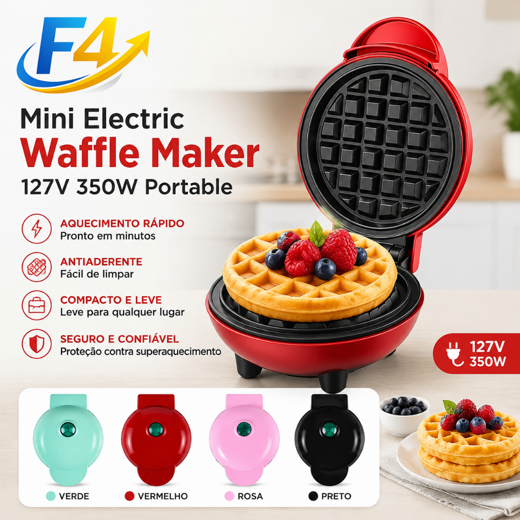 Mini Máquina De Waffle 127V 350W Chapas Antiaderentes