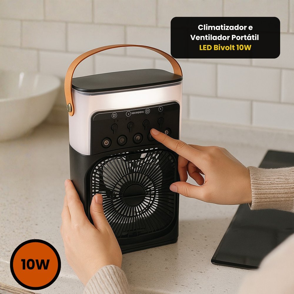 Mini Climatizador Ventilador Umidificador De Ar Portátil Led Bivolt Usb 10W Água Gelo Mesa Quarto Carro Silencioso Preto