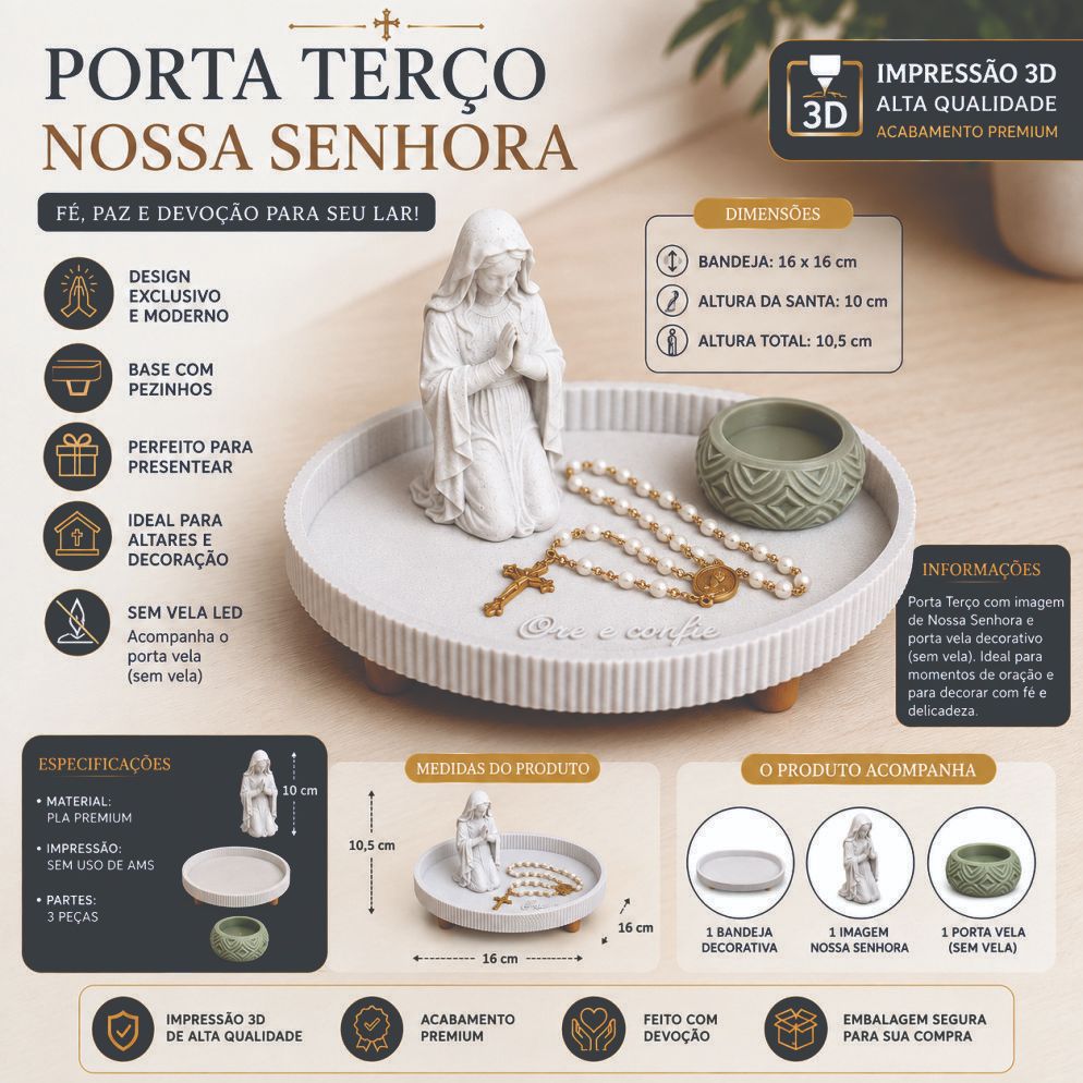 Porta Terço Nossa Senhora com Porta Vela LED Decorativo | Impressão 3D | Decoração Religiosa | Presente Católico