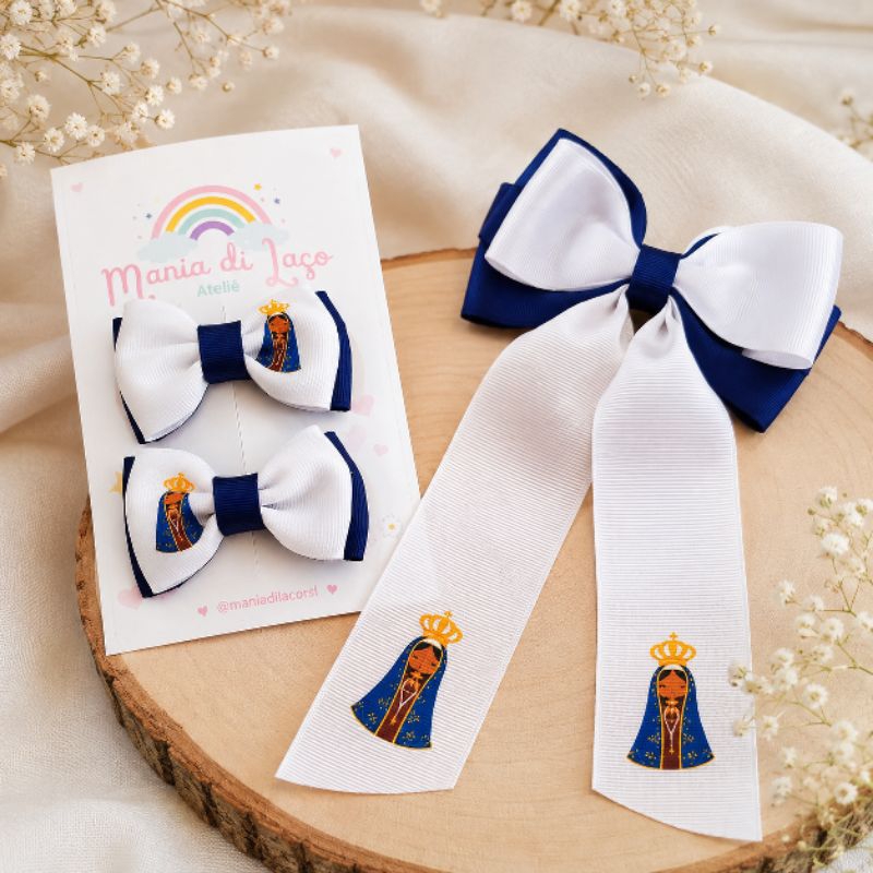 Kit Laços Nossa Senhora Aparecida Infantil + Presilhas Boutique | Fita Gorgurão | Festa Religiosa | Mania di Laço